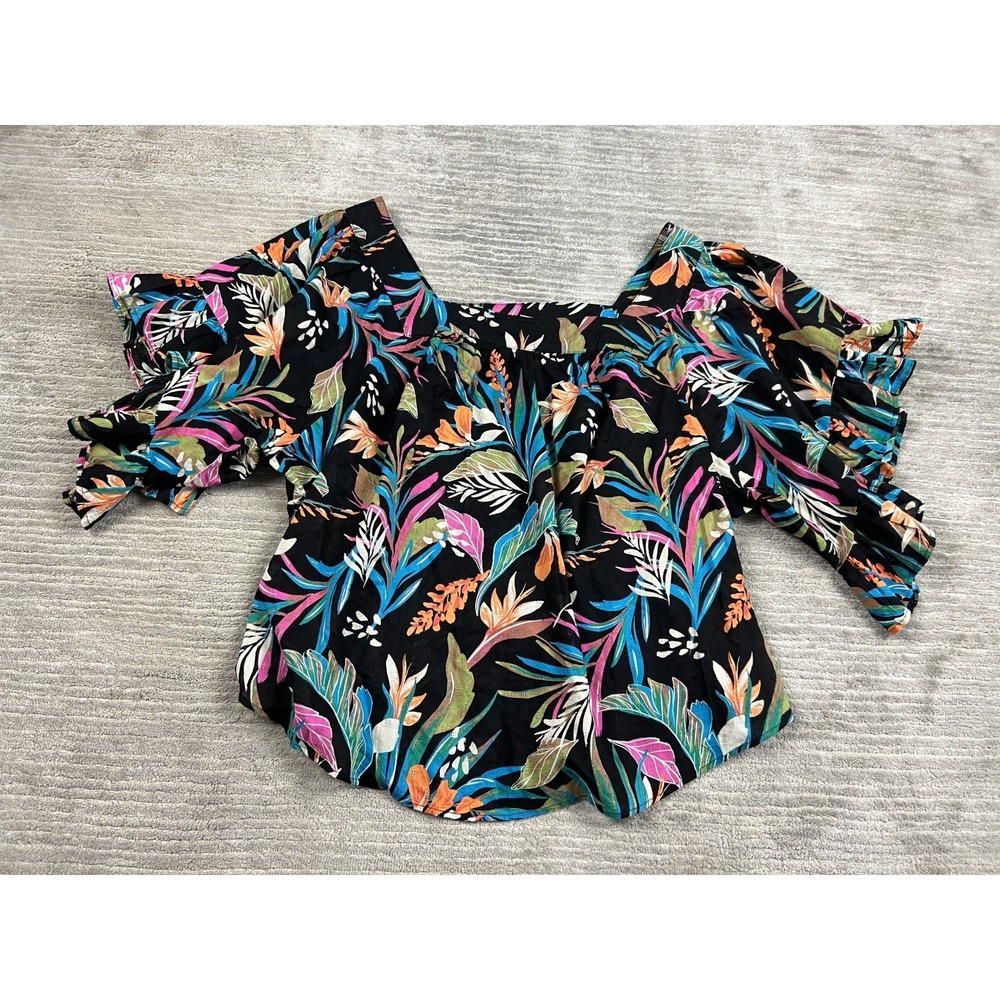 Terra & Sky Peasant Top Womens 3X Black Tropical Floral Ruffle Sleeve Blouse